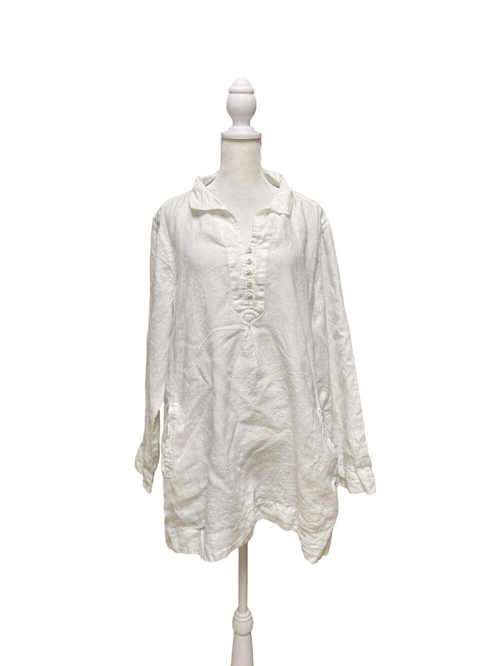 J.Jill White Linen Tunic Blouse XL Collared Button Front Long Sleeve Top
